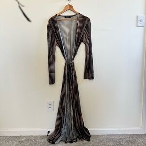 Akira Long Sheer Striped Elegant Duster in black and nude pattern- L